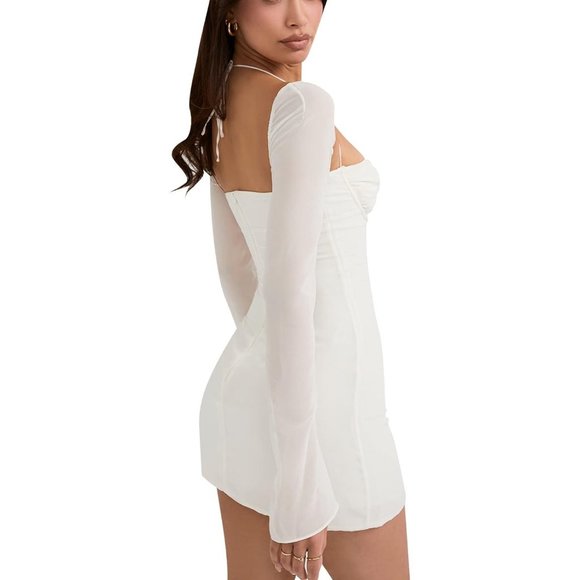 Women's White Mesh Long Puff Sleeve Mini Bodycon Sweet Neck Dress - Picture 6 of 8